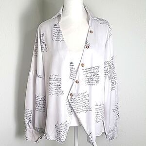 White Cardigan Longsleeve Blouse with Script Lettering, Button Accents, Size XL